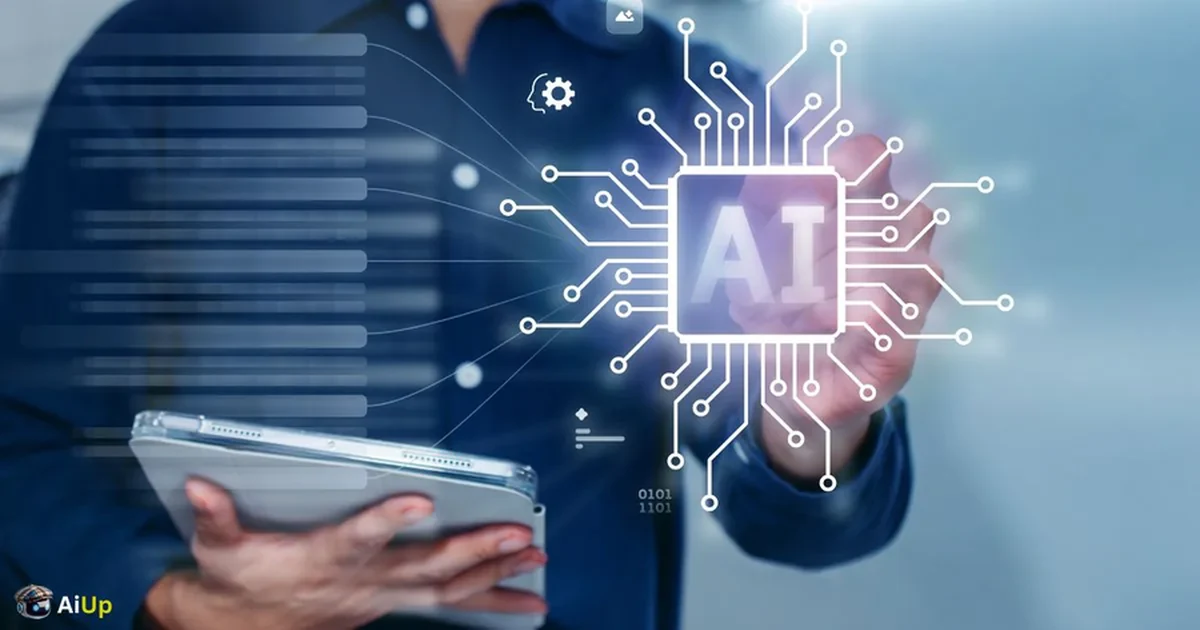 A person holding a tablet beside a glowing circuit-board graphic marked AI