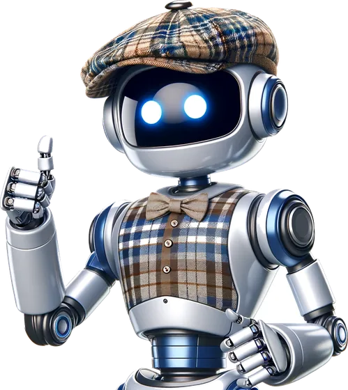 An Ai Up robot in a tweed waistcoat and bow tie, making a point
