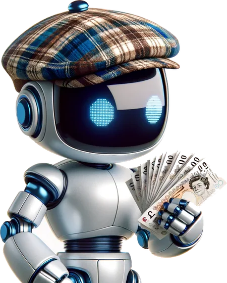 An Ai Up robot in a flat cap, holding a fan of banknotes