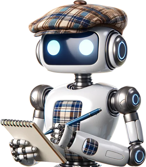 An Ai Up robot in a flat cap, taking notes on a jotter