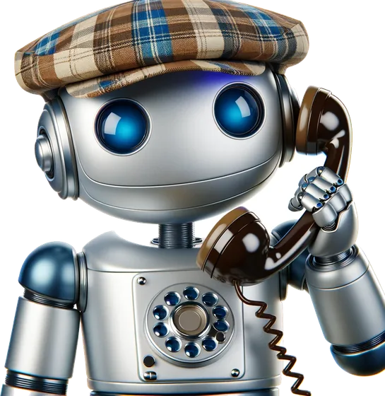An Ai Up robot in a flat cap, taking a call on a telephone handset