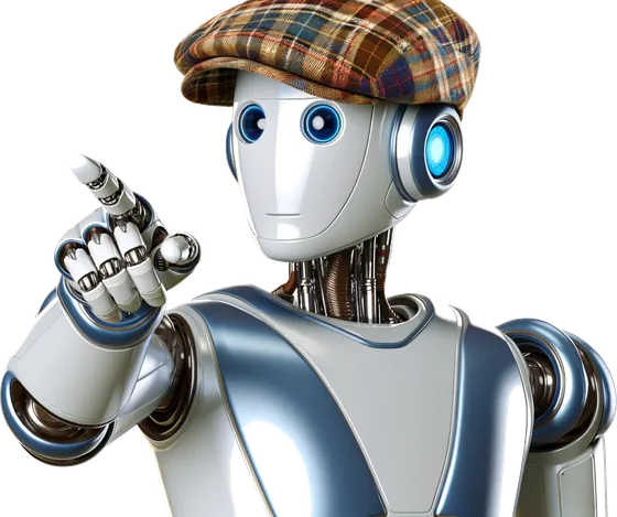 An Ai Up robot in a flat cap, directing you to one side