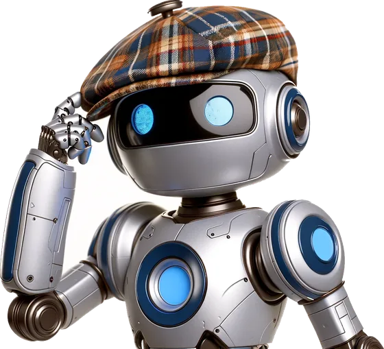 An Ai Up robot in a flat cap, scratching its head over a puzzle