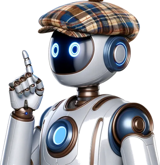 An Ai Up robot in a flat cap, raising a finger to make a reminder