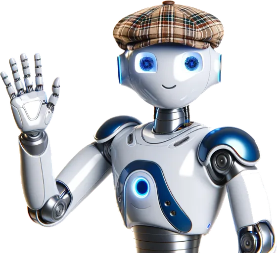 An Ai Up robot in a flat cap, waving hello