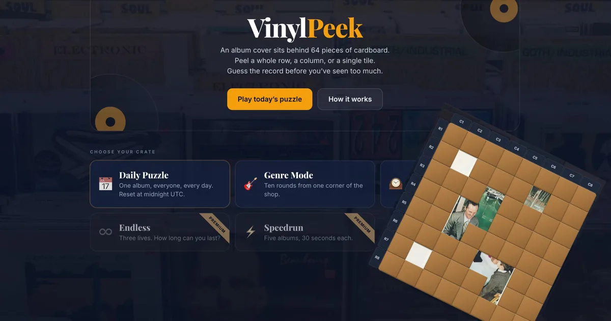 The VinylPeek home page with a partly peeled puzzle board showing part of an album cover
