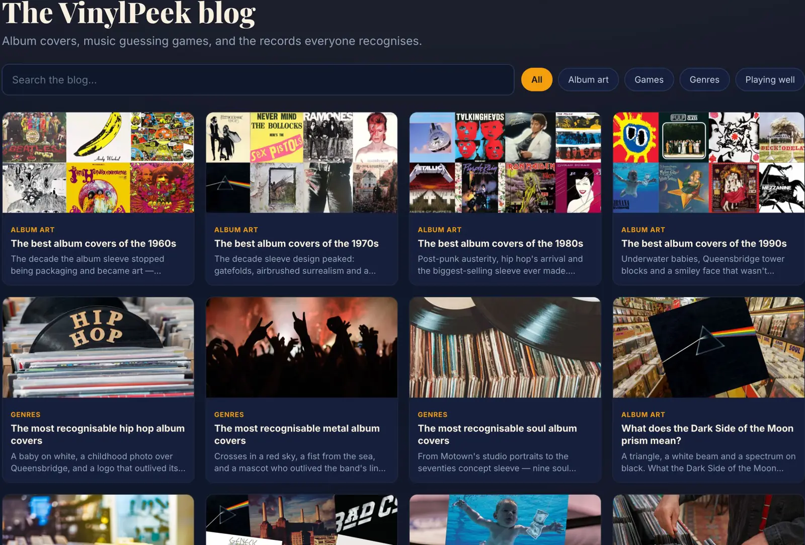 The VinylPeek blog listing, showing articles about album art, genres and decades