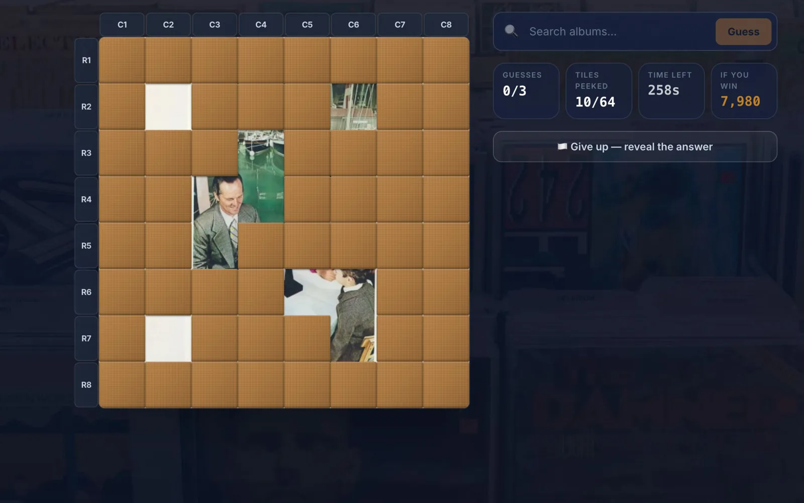 A VinylPeek puzzle in progress, with some tiles peeled back to reveal part of an album cover