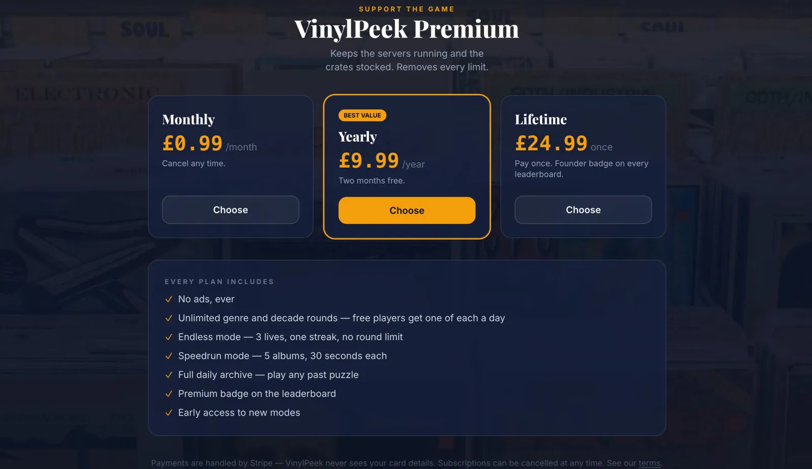 The VinylPeek premium pricing page showing monthly, yearly and lifetime plans