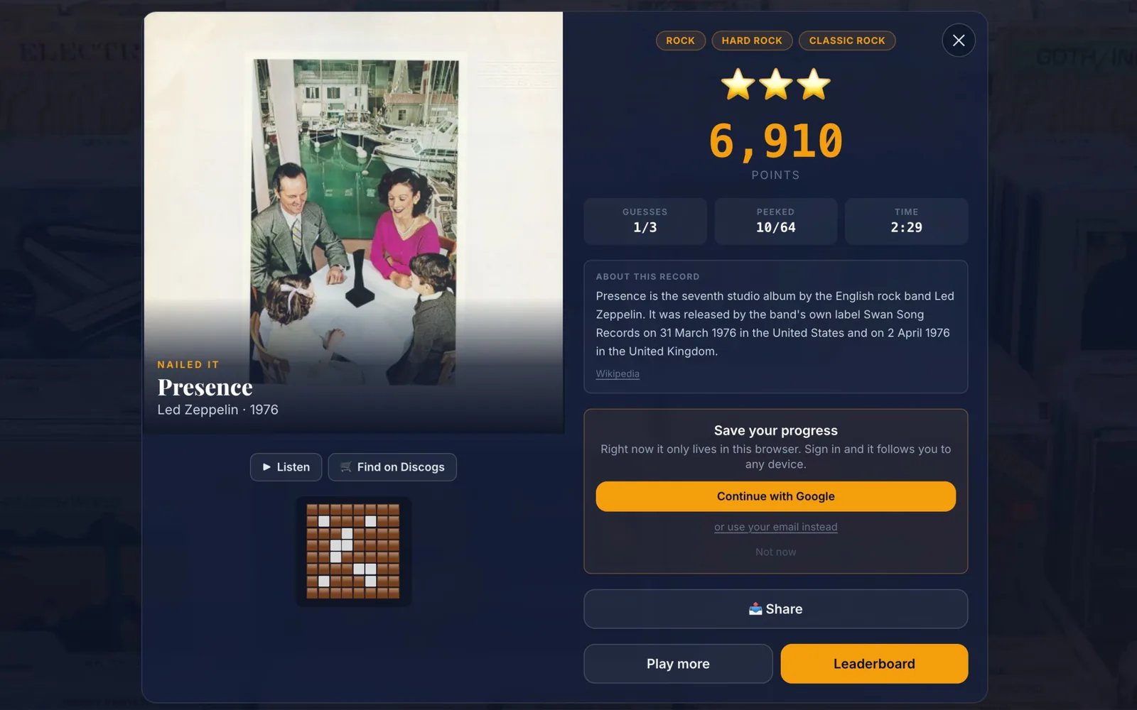 A solved VinylPeek puzzle showing the revealed album cover, score and star rating